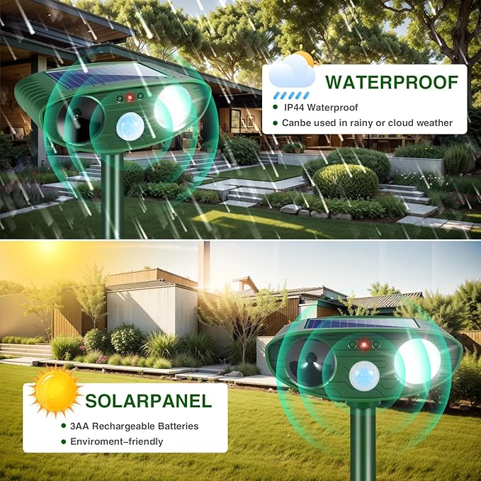 4Pack Solar Ultrasonic Animal Repellent Outdoor Deer Repellent Devices with Motion Detection&Flash Light Squirrel Rabbit Dog Cat Deterrent,Keep Rodent Chipmunk Raccoon Away for Yard Garden Lawn 2025