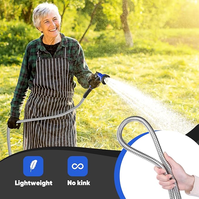 Garden Hose 100 ft, Stainless Steel Metal Water Hose with Adjustable 10-Mode Spray Nozzle, Lightweight Hose, No Kink, Leak-proof, Puncture Resistant for Yard, Outhood, RV