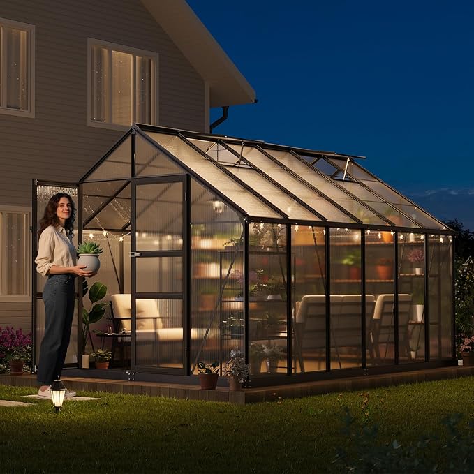 8x12 FT Greenhouse for Outdoors, Polycarbonate Greenhouse with Roof Vent, Ground Nails, Lockable Push Door, Aluminum Large Walk-in Green House for Outside Garden Backyard, Patio, Lawn