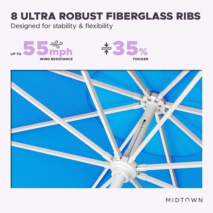 Midtown Umbrellas The Swilt 8 Feet Patio Umbrella in Terylast Cobalt (Blue) Polyester Fabric - Fiberglass Ribs, Auto-Tilt Aluminum Frame For Backyard, Deck, Garden, Pool - White Pole