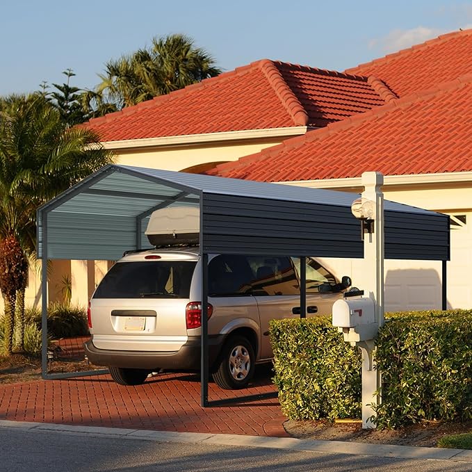 Outvita Heavy Duty Metal Carport, 10x15FT, Gray, Vehicle Protection, Outdoor Gatherings