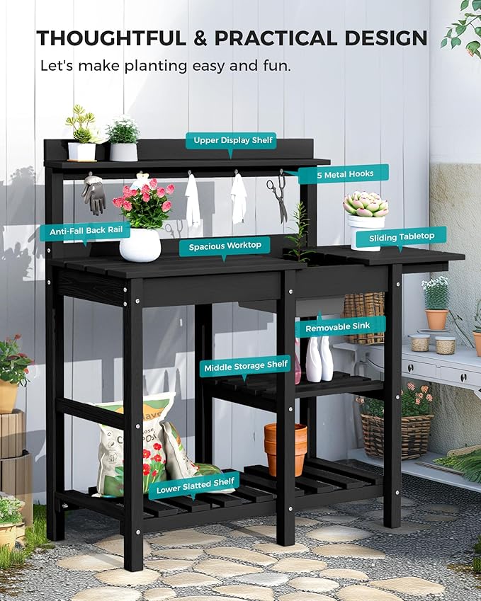 SERWALL Potting Bench Set of 2 Outdoor Potting Table with Sink, HDPE Potting Benches for Outside Gardening Table All Weather Use- Black