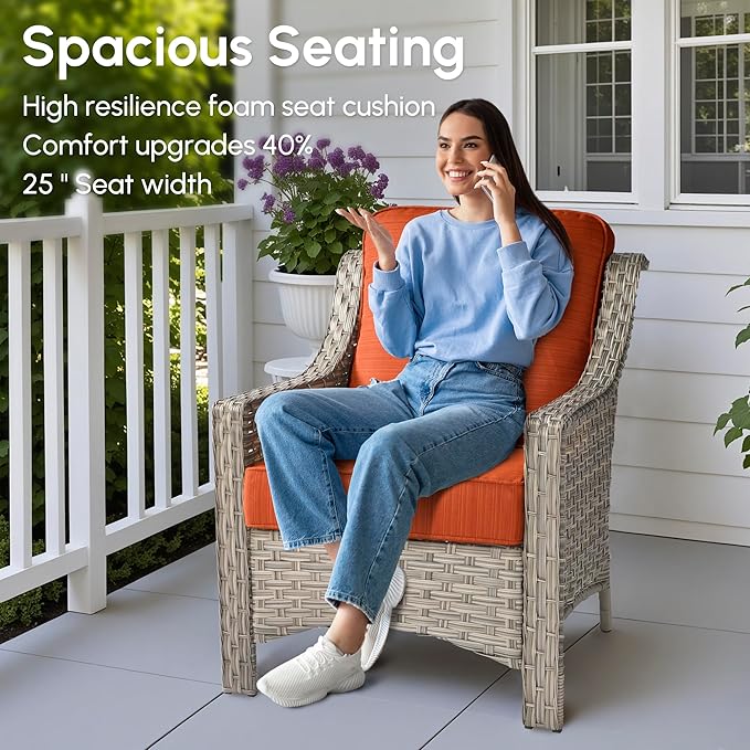 5 Pieces Patio Outdoor Furniture Set with Swivel Rocking Chairs,All Weather Wicker Rattan Patio Seating Sofa and Chair Set w/Glowing Table,Outdoor Conversation Sets for Deck Yard Garden,Orange Red