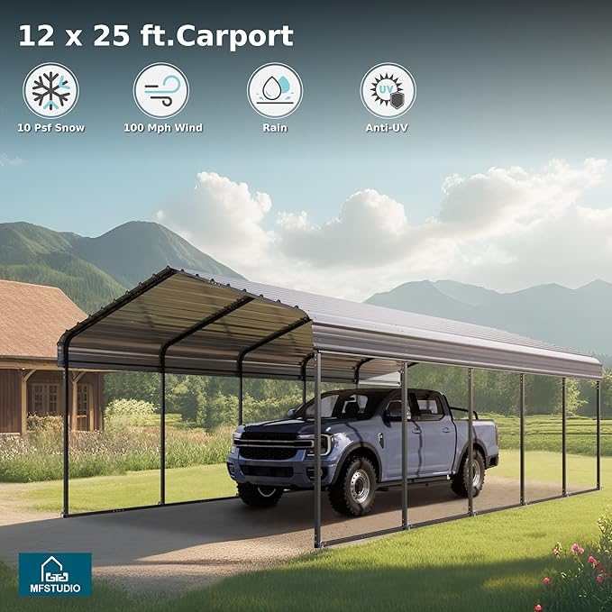 MFSTUDIO Carport 12x25 ft, Outdoor Heavy Duty Carports with Sidewalls, Metal Shed Canopy Shelters Garage Shelter Shade Car Ports with Galvanized Roof for Cars, Truck and Boats 