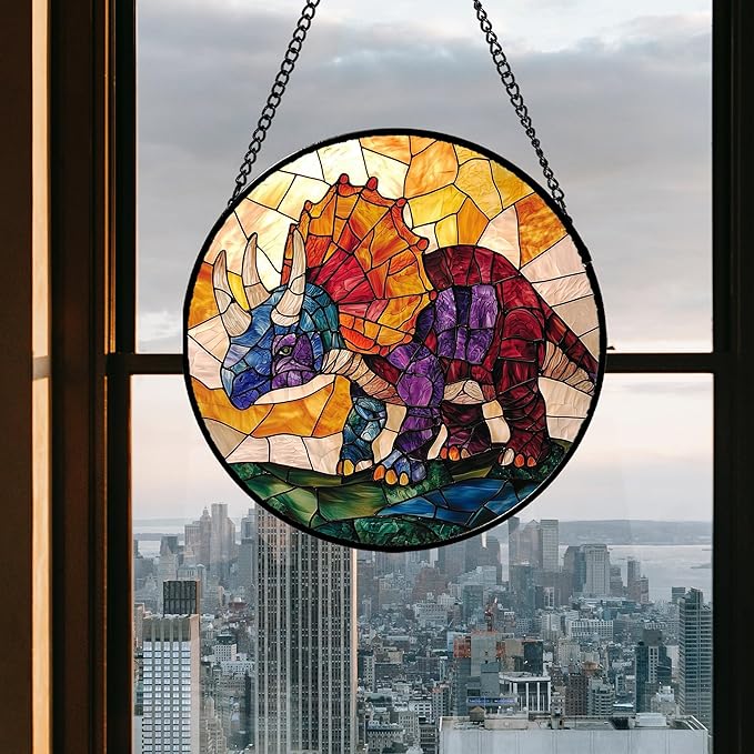 Stained Glass Window Hanging - Triceratops Abstract Dinosaur Suncatcher for Door Terrace Garden Home Decor, Orange Red Sun Catcher Birthday Gifts for Lovers Women Men Dad Mom Nana 9.8 in