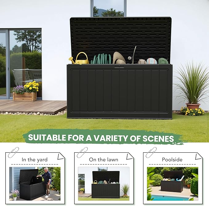 Greesum 150 Gallon HDPE Outdoor Storage Box - Waterproof, Large Capacity Deck Box with Removable Dividers for Patio, Yard, Garden Tools, Black