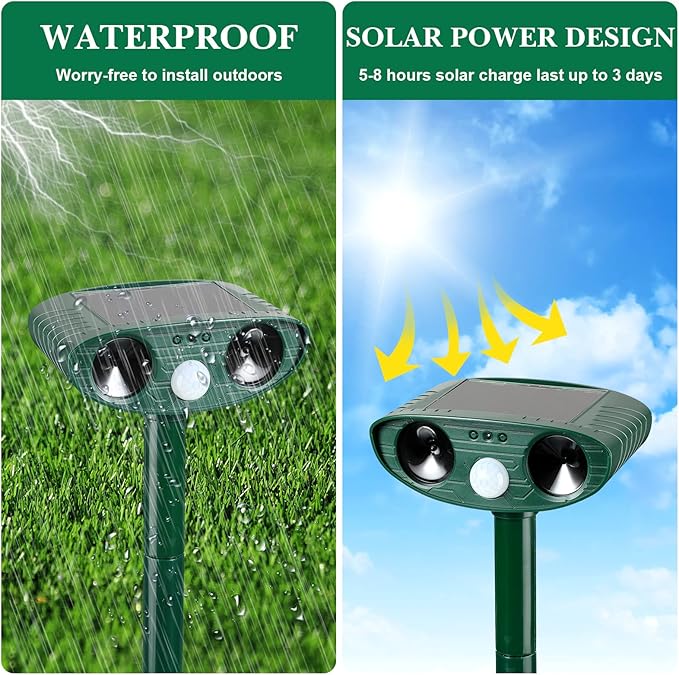 Ultrasonic Animal Repeller Outdoor Solar Ultrasonic Repellent Animal Deterrent with Motion Sensor Waterproof Deterrent Scarer Repel Cat Dog Squirrel Raccoon Skunk Rats(Green,8 Pack)