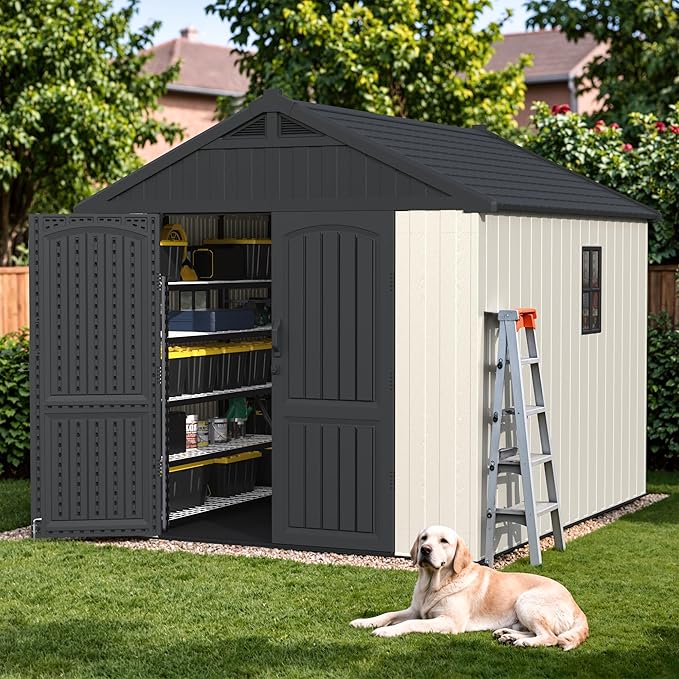 Devoko 8 x 10 FT Plastic Outdoor Storage Shed with Floor, Garden Resin Shed Tool Shed with DIY Window and Lockable Door, Beige Kick-it Shed for Patio, Backyard, Lawn