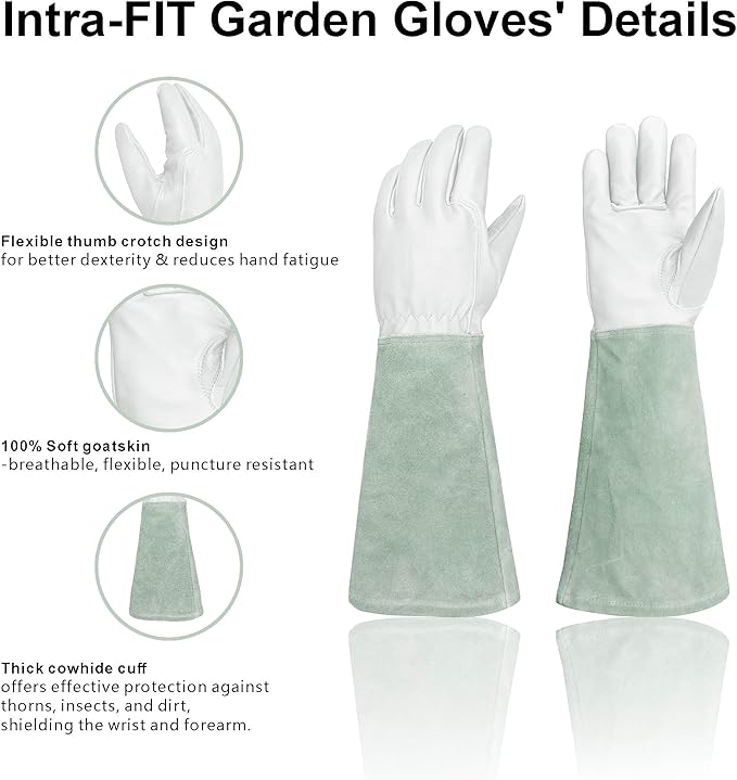 Leather Gardening Gloves – Goatskin Palm & Cowhide Cuff, Thorn-Resistant Long Garden Work Gloves for Men & Women(L)