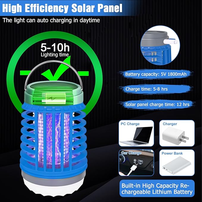 2 Pack Solar Bug Zappers Outdoor Waterproof Mosquito Zappers for Patio Home Camping, 3 in 1 Cordless Rechargeable Mosquito Repellent Outdoor Patio Flashlight, Mosquito Killer Indoor - Blue