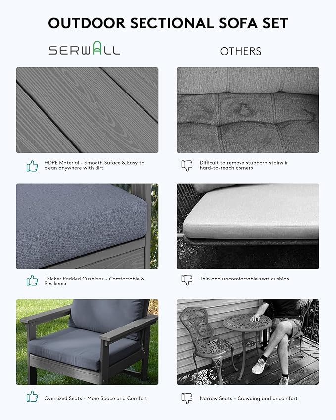 SERWALL HDPE Patio Furniture Set with 15FT Double Side Patio Umbrella, 7-piece Outdoor Modular Sectional Sofa Set, All Weather Patio Couch Set for Deck, Gray & Gray Cushion(Umbreall Base not Included)
