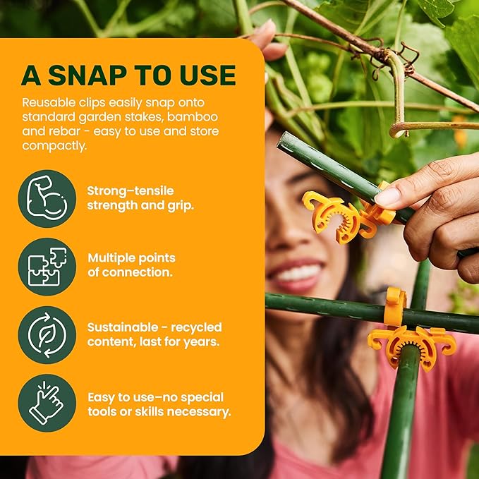 Plant Support Clips for Trellis, Garden Stakes, Wire Fence, Climbing Plants, Indoor Gardening, Hydroponics Systems, and Vines | Durable Gardening Clips (Tangerine Orange - 1,000 Pack)