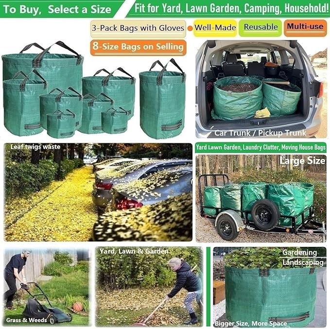 Professional 3-Pack 106 Gallons Lawn Garden Bags (D31, H31 inches) Reusable Yard Leaf Waste Bags with Coated Gardening Gloves - Storage Bag,Patio Bag,Laundry Container,Trash Can with 4 Handles