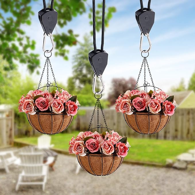 Rope Clip Hanger, 6 Packs 1/8 in Reinforced Adjustable Height Anti-Loose Design Gears Clip for Growing Light Fixtures, Hanging Plants, 8 FT Length 150lbs Weight Capacity