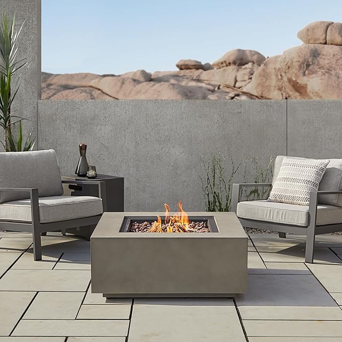 Real Flame Aegean 36”in Square Propane or Natural Gas Fire Pit Table, 50,000 BTU, Powder-Coated Steel, Push-Button Ignition, CSA Certified, Lava Rock, Storage Cover, Stainless Steel Burner with Lid