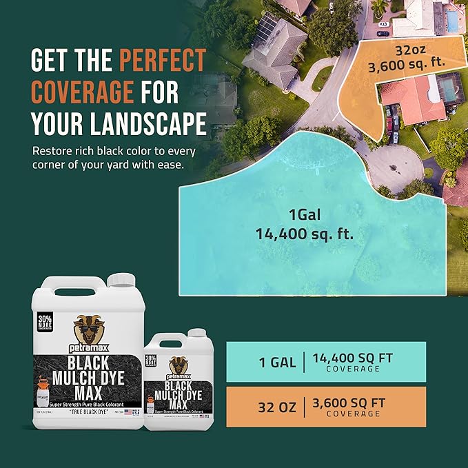 Petra Black Mulch Dye Spray Use with PetraTools Sprayer to Refresh Fading Landscape - Black Dye to Wood Mulch for Landscaping - Rubber, Pine Straw, Bark, Cedar & Playground Cover (14,400 Sq Ft, 1 Gal)