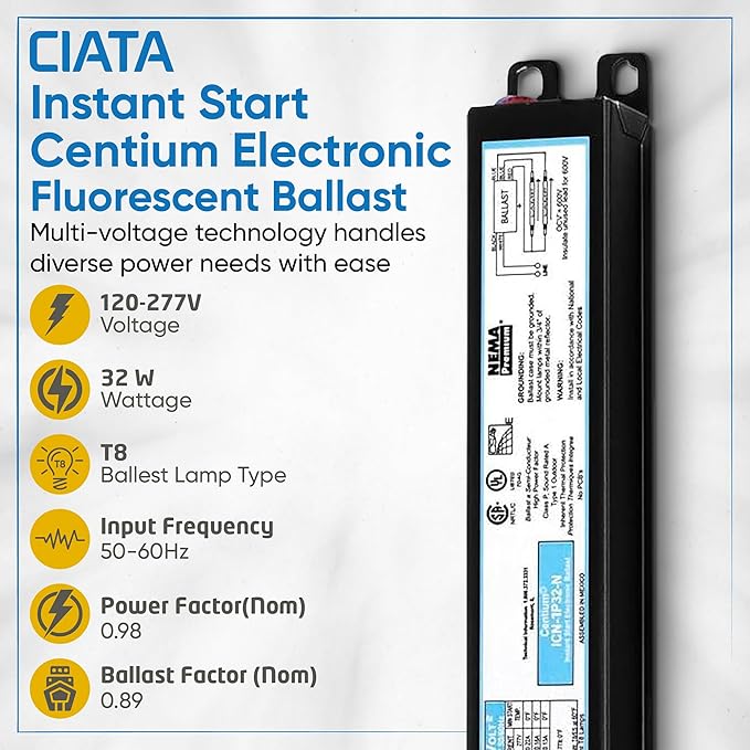 ICN1P32N, 120-277V, 50-60Hz Input Frequency, Solid Wire Type, Instant Start Centium Electronic Fluorescent Ballast for 1 F32T8 Lamp Type, Indoor/Outdoor Use with Automatic Restart Ballast Box, 10 Pack
