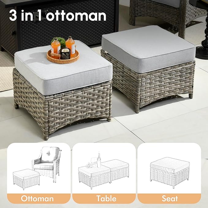 8 Pieces Patio Outdoor Furniture Set with Swivel Rocking Chairs,All Weather Wicker Rattan Patio Seating Sofa and Chair Set w/Ottoman,Outdoor Conversation Sets for Deck Yard Garden,Grey