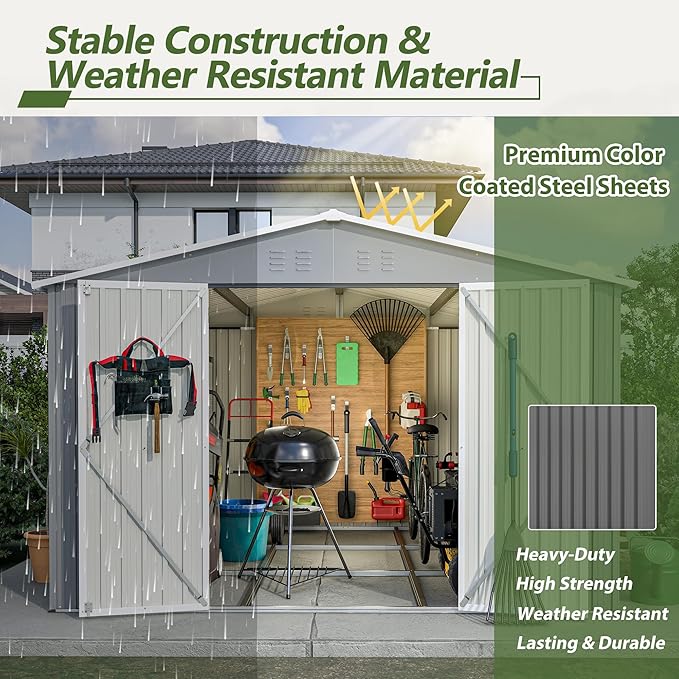10x10 FT Outdoor Storage Shed with Floor,Metal Shed W/Air Vent & Sloped Roof,All Weather Waterproof Garden Tool House W/Lockable Hinged Door,for Backyard,Patio,Lawn,Gray