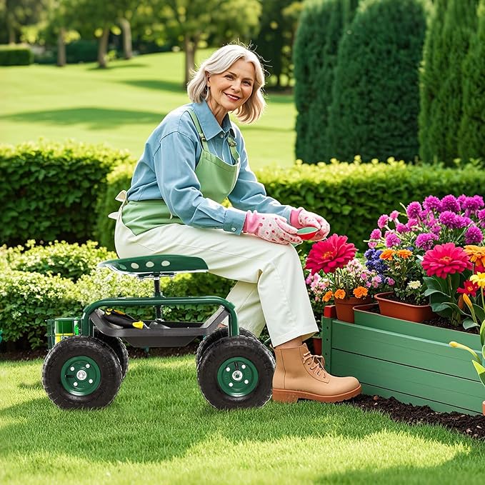 S AFSTAR Rolling Garden Cart, Wagon Scooter with 360° Swivel Seat, Storage Tray, Basket & Rubber Wheels, Heavy-Duty Gardening Tool Cart for Weeding, Patio & Yard (Green)