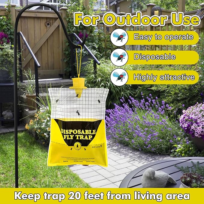 Glovv 2 Pack 10.8 * 12.6 Inch Big Fly Trap for Patio, Bags Outdoor Disposable, Hanging Flies Catcher with Bait, Ranch Repellent Hunter Killer Stable Horse Control for Barn, Farm, Bugs