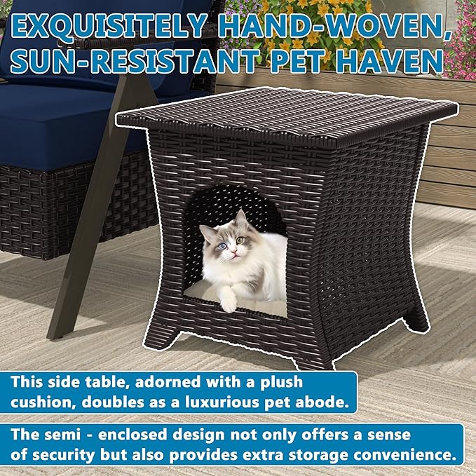 Vista Vibe Patio Wicker Side Table, All-Weather Rattan Furniture, 2 in 1 End Table & Pet Nest for Porch, Sunroom, Garden (Beige)