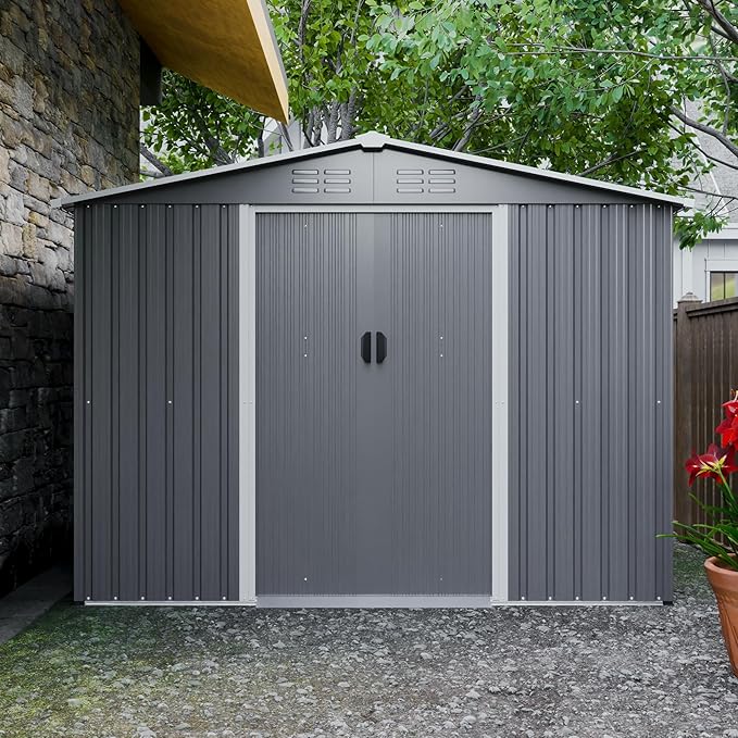 10X8 FT Outdoor Storage Shed, All Weather Metal Sheds with Lockable Doors, Tool Shed for Garden, Patio, Backyard, Lawn (Grey with Floor Frame, 8x6 ft)