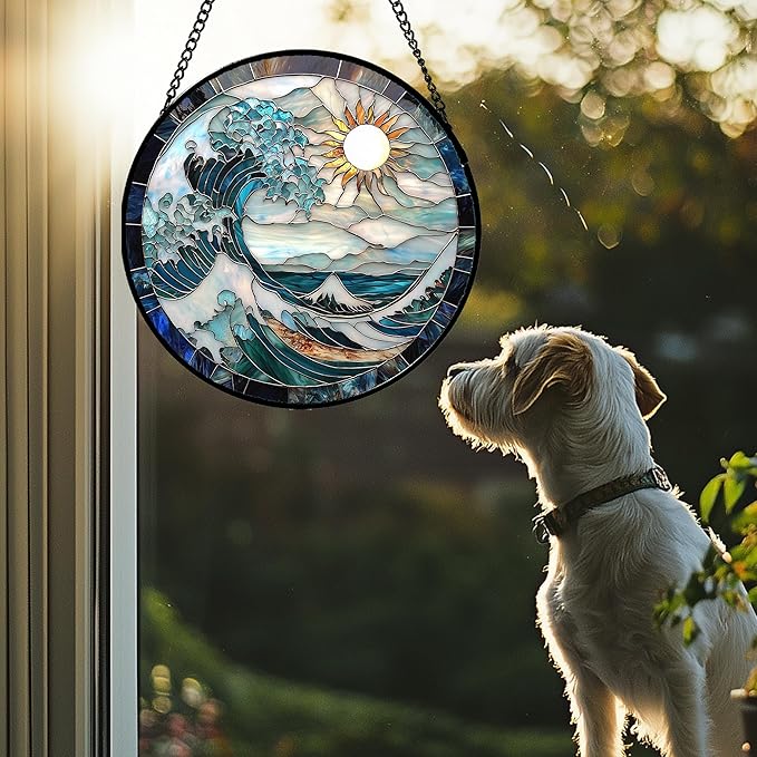 Stained Glass Window Hanging - White Sun Big Wave Suncatcher for Door Terrace Garden Home Decor Blue Ocean Landscape Sun Catcher Birthday Gifts for Lovers Women Men Dad Mom Nana 15 in