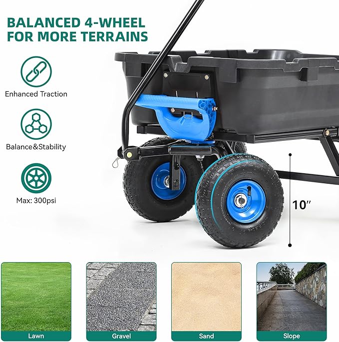 800lb Garden Dump Cart,Utility Wagon Wheelbarrows with Quick-Release System&4 Pneumatic Tires,Heavy Duty Yard Dump Wagon with Steel Frame for Yard, Farm, Gardenand Halloween Hauling (Blue)