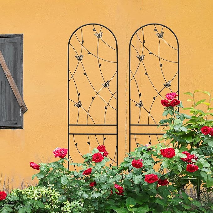 2 Pack Metal Garden Trellis 86.7" Tall Outdoor Climbing Plant Support for Roses, Flowers, Rustproof Durable Black Galvanized Tube, Lawn Garden Fence Decor Screen (2, Black flutter-86.7" H)