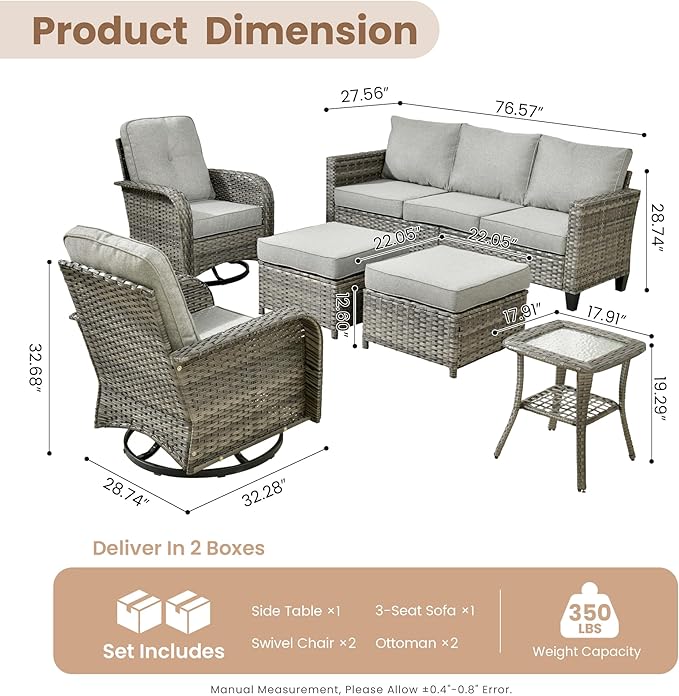 HOOOWOOO Outdoor Patio Furniture Set,6 Pieces Wicker Conversation Set,All Weather Couch Set with Swivel Chairs Ottoman Side Table 7 Seaters for Out Door Yard(Charcoal Gray)
