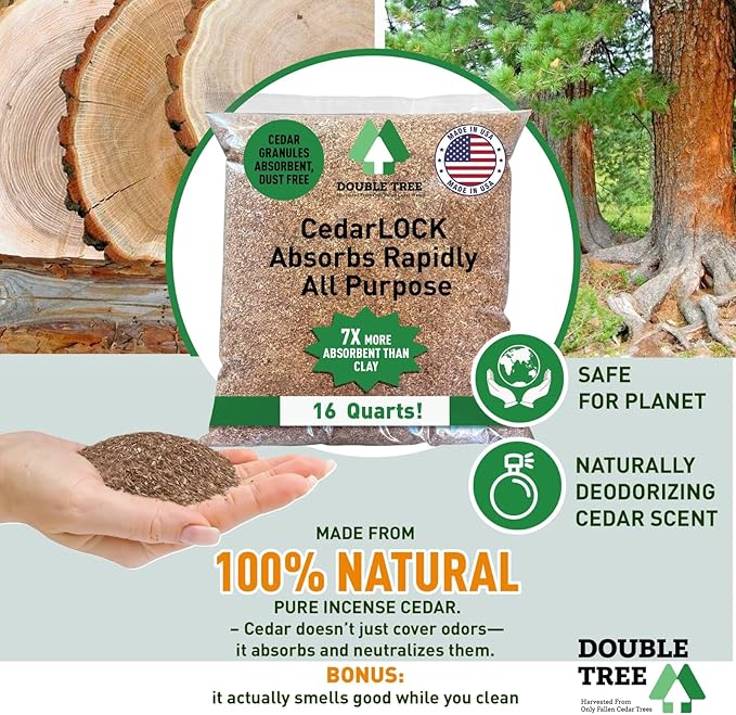 CedarLock Oil Absorbent – Nature’s Heavy-Duty Spill Solution Made from 100% Pure Incense Cedar, Oil Spill Kit Granules, Organic Granules, All-Purpose Oil Absorbent - (2 Bags 32 Quarts)