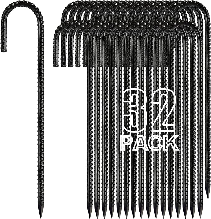 Kadrick 32-Pack Rebar Stakes 12 inch,J Hook Ground Stakes Anchors, Black Galvanized Fence Stakes,Heavy Duty 5/16'' Diameter