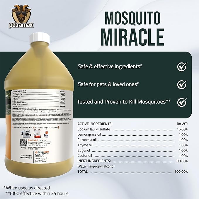 PetraMax Miracle Outdoor Mosquito Spray for Yard Pet Safe Concentrate 1 Gal (Makes up to 32 Gallons) - Mosquito Fogger Liquid Concentrate Tested to Kill - Fogger Machine Spray Lawn Treatment for Pests