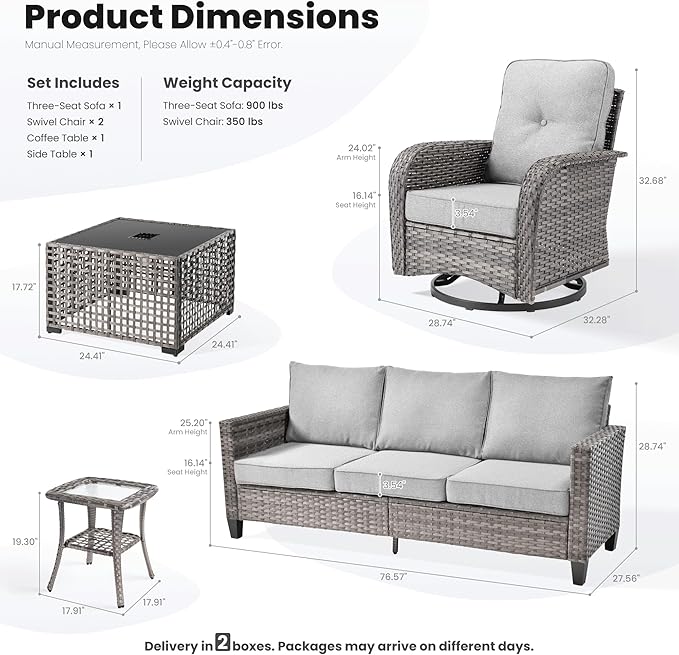 ovios 5 Pieces Patio Furniture Set, Outdoor Wicker Sofa Couch with Rocking Swivel Chairs Solar Lights Table, Modern Deep Seat Rattan Conversation Sets for Porch Deck, Dark Grey