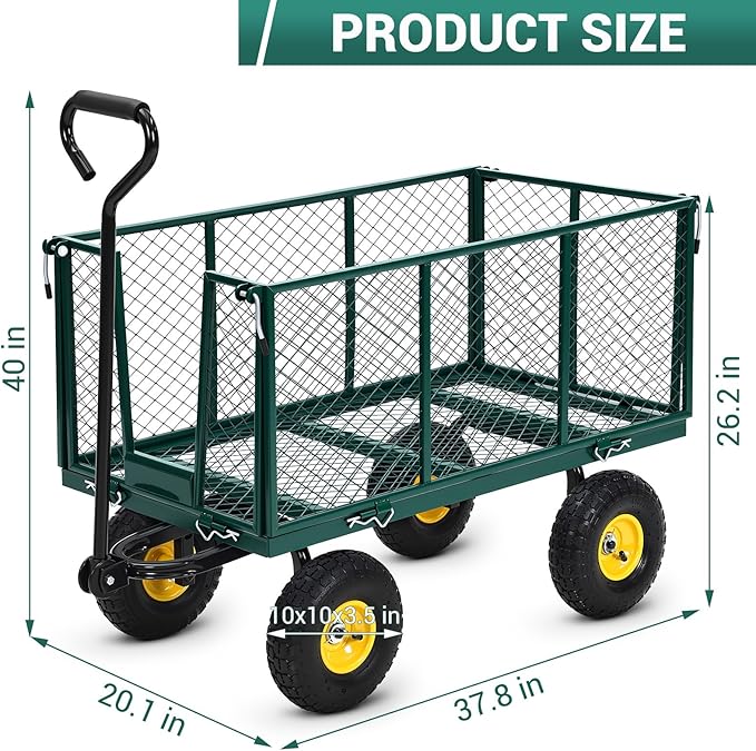 Heavy Duty Steel Garden Cart, 1100LBS Pullable Metal Garden Wagon with 10" Wheels, 180° Rotating Handle and Removable Sides for Outdoor, Farm, Yard, Beach 