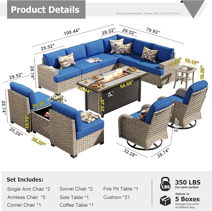 HOOOWOOO Outdoor Sectional Patio Furniture Set with Fire Pit Table,13 Pieces Wicker Conversation Sets L Shaped Couch,Extra Deep Out Door Sofa Outside Furniture with Swivel Chairs,Navy Blue
