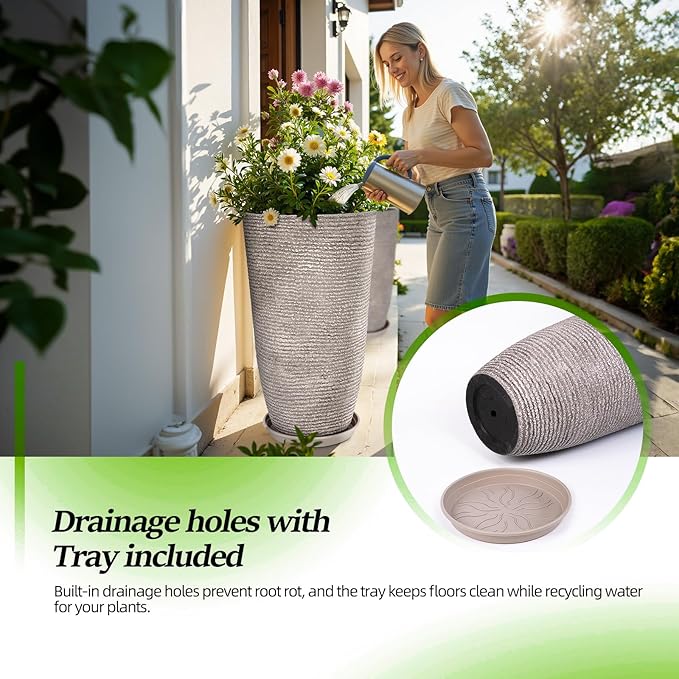 QCQHDU Set of 2 Oversized 9 Gallon Round Planters for Front Door & Patio - 12x21 Inch Tall Outdoor/Indoor Plant Pots with Drainage Tray, Gray Faux Stone Textured Tree Planters for Porch Decor