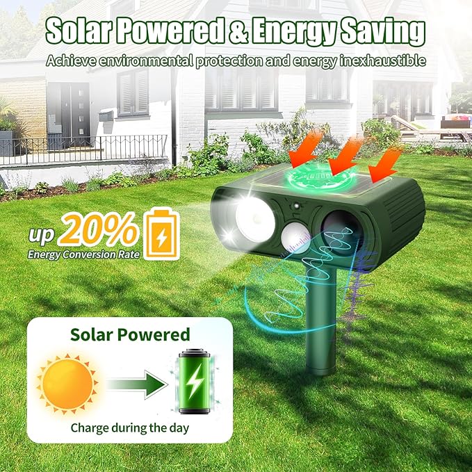 Solar Ultrasonic Animal Repellent, Deer Repellent Devices Waterproof with Motion Detection, Cat Repeller Outdoor Squirrel Skunk Rabbit Raccoon Dog Mouse Deterrents Animal Repeller for Yard, 1 Pack