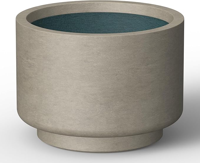 Kante 12.6 Inch Dia Concrete Planter, Round Pedestal Design Garden Pot for Indoor Outdoor Plants, Modern Flower Pot with Drainage Hole, Weathered Concrete Finish with Forest Green Interior