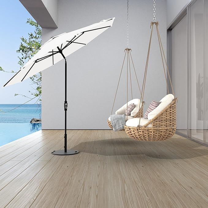 Midtown Umbrellas The Swilt 9 Feet Patio Umbrella in Terylast Ivory (White) Polyester Fabric - Fiberglass Ribs, Auto-Tilt Aluminum Frame For Backyard, Deck, Garden, Pool - White Pole