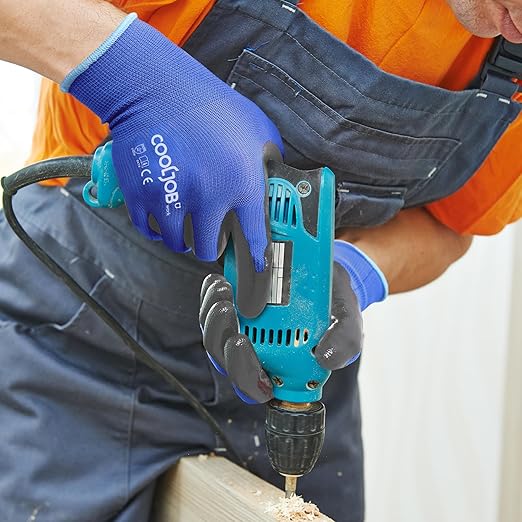 COOLJOB 10 Pairs Nitrile Dipped Safety Work Gloves with Grip, Non-slip Rubber Coated Bulk Garden Gloves for Men, Heavy-duty Oil Resistant for Truck Driver, Warehouse Box Handler, Small, Red Blue