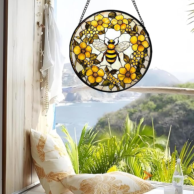 Stained Glass Window Hanging - Yellow Flowers Surrounded by Bees Sun Catcher for Door Garden Home Decor Cute Suncatcher Christmas Mother's Day Birthday Gifts for Women Men Mom Nana 11.8 in