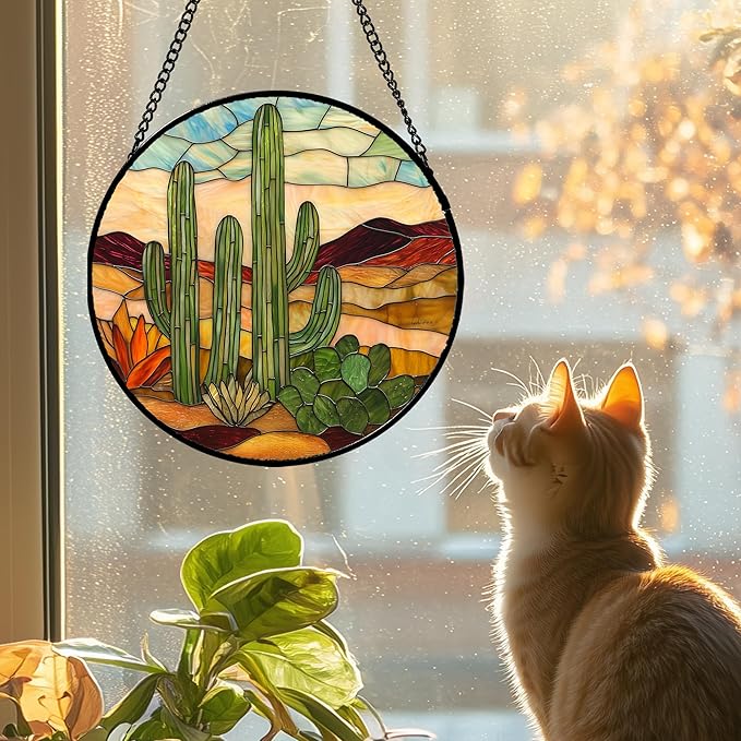 Stained Glass Window Hanging, Green Cactus Sun Catcher for Door Terrace Garden Home Decor, Abstract Desert Landscape Suncatcher Birthday Gifts for Lovers Women Men Dad Mom Nana 11.8 in