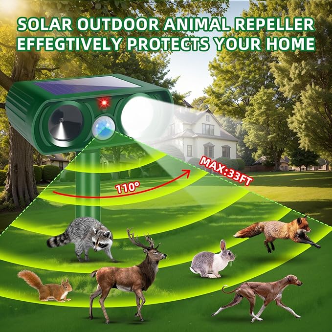 4Pack Solar Ultrasonic Animal Repellent Outdoor Deer Repellent Devices with Motion Detection&Flash Light Dog Raccoon Cat Deterrent,Keep Rodent Chipmunk Squirrel Rabbit Away for Yard Garden