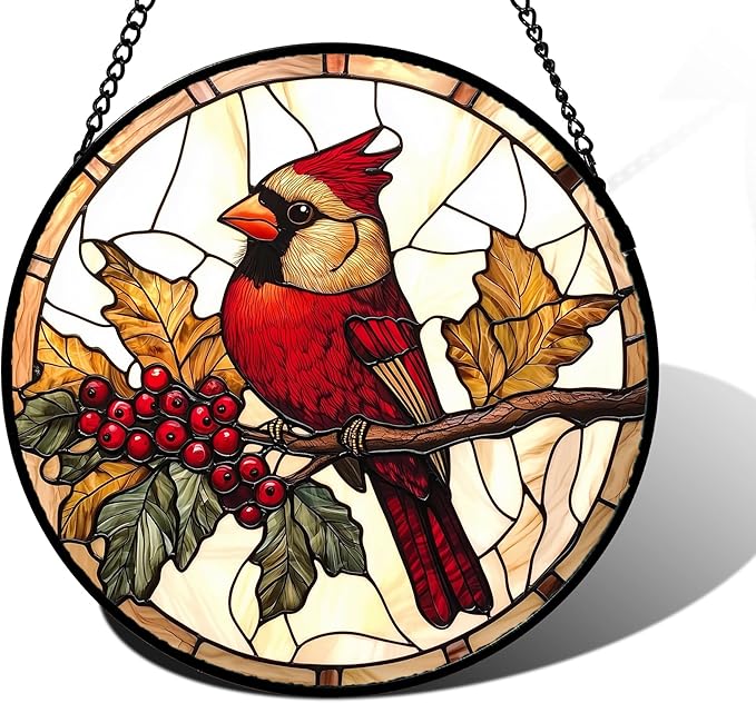 Stained Glass Window Hanging, Birds on a Branch Cardinal Sun Catchers Diamond Glass Panel Hangings Suncatcher Decor for Birthday for Women, Men, Wife, Aunt, and Mom 6.3 in