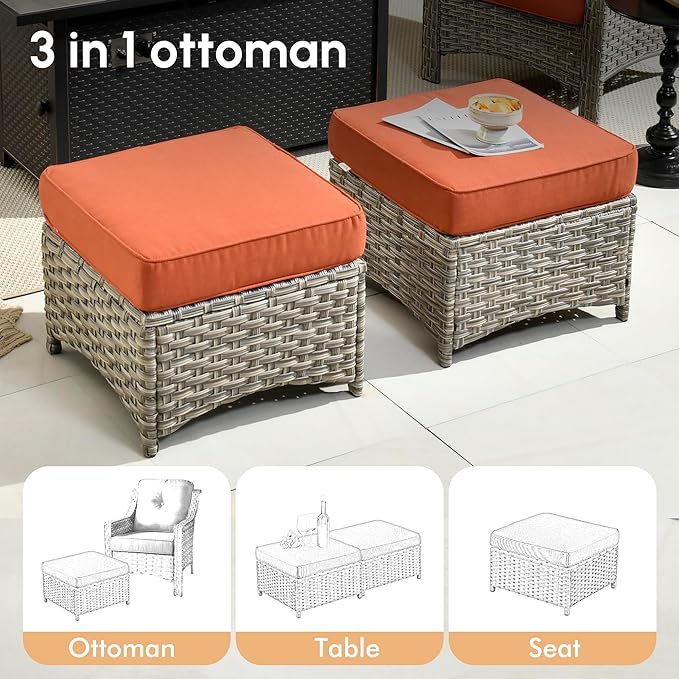 8 Pieces Patio Outdoor Furniture Set with Swivel Rocking Chairs,All Weather Wicker Rattan Patio Seating Sofa and Chair Set w/Ottoman,Outdoor Conversation Sets for Deck Yard Garden,Red