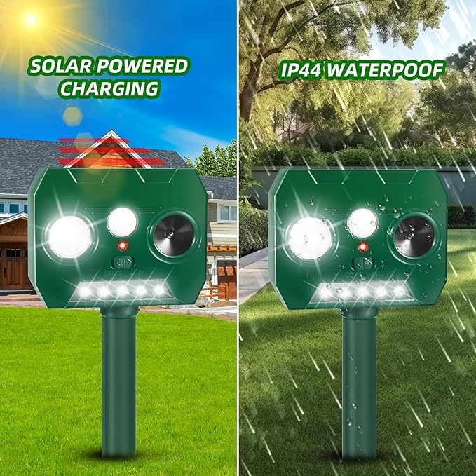 4Pack Solar Ultrasonic Animal Repellent Deer Repellent Devices with Motion Detection&LED Flashlight,Cat Repellent Outdoor Squirrel Rabbit Raccoon Skunk Deterrents Animal Repeller for Yard Garden Farm