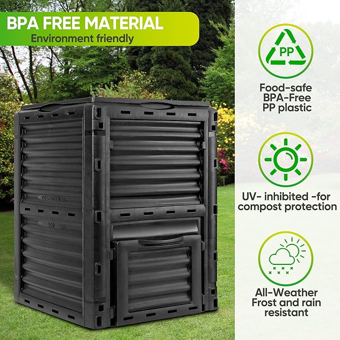 Large Garden Compost Bin, 80 Gallon (300L) Outdoor Composter Tumbler from BPA-Free Material for Fast Creation of Fertile Soil, Lightweight, Easy Assembly and Kitchen Waste Composting