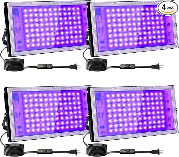 4 Pack 100W UV Black Light, Black Lights for Glow Party, IP65 Waterproof, for Blac k Light Party, Stage Lighting, Halloween, Body Paint, Fluorescent Poster, Neon Glow